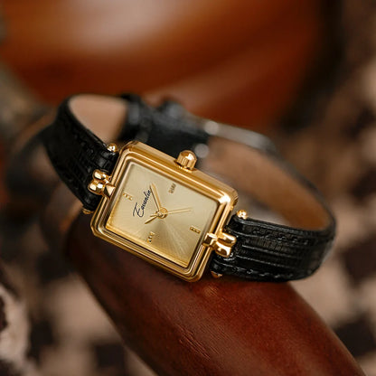 Retro Niche Design Square Gold Casual Brown Leather Watch