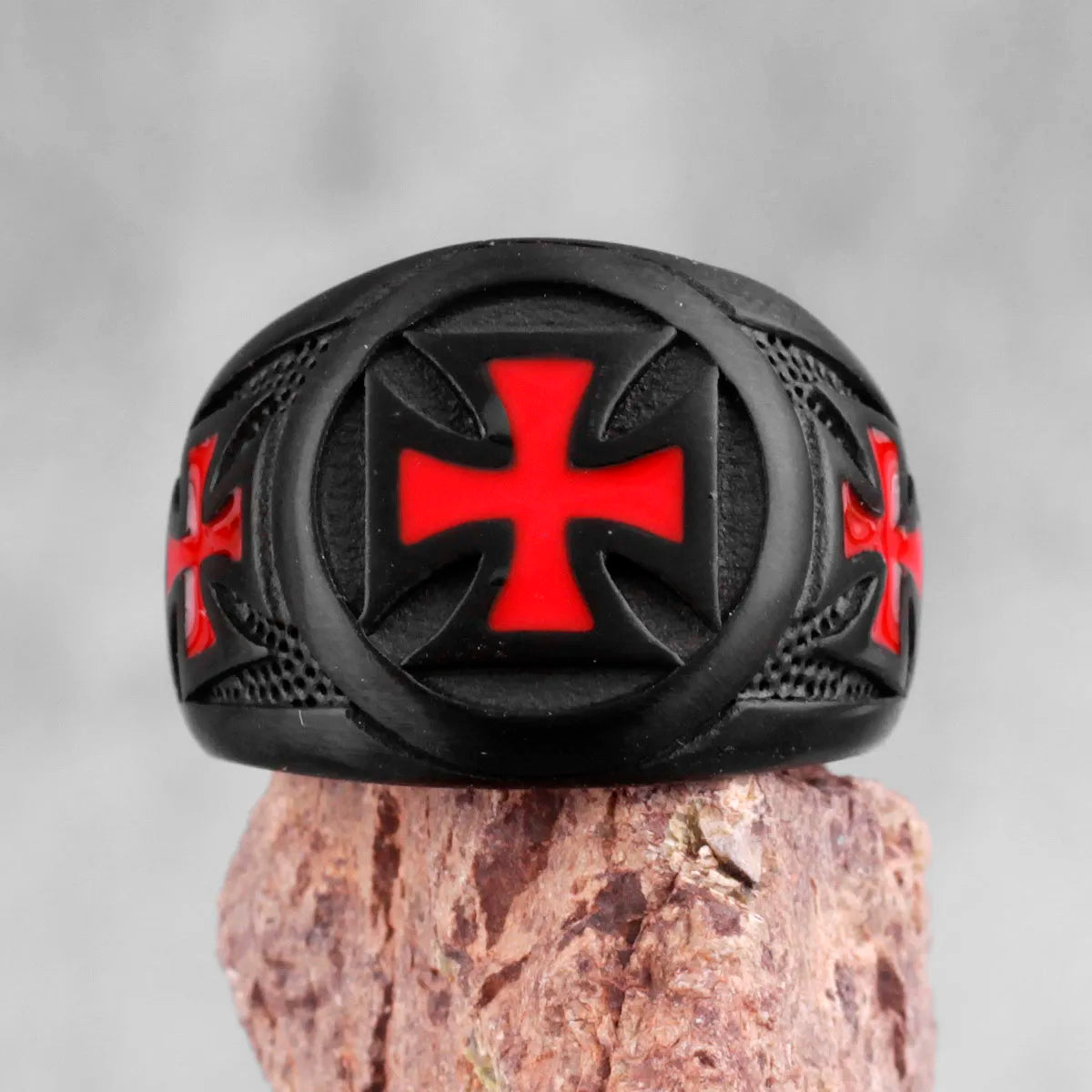 Red Maltese Cross on Black style Biker Ring.