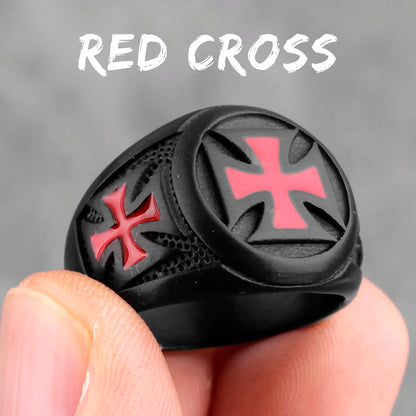 Red Maltese Cross on Black style Biker Ring.