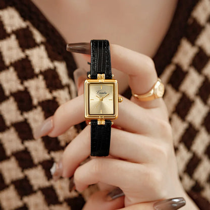 Retro Niche Design Square Gold Casual Brown Leather Watch