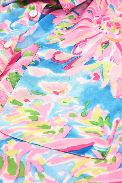 Abstract Floral Print Split V Neck Short Sleeve Blouse