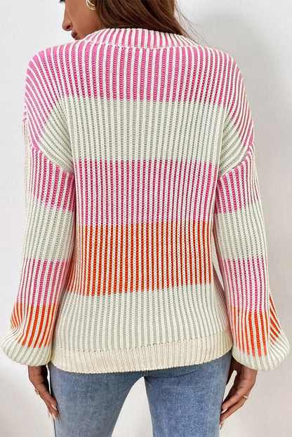 multi Colorblock Lantern Sleeve Rib Knitted Sweater