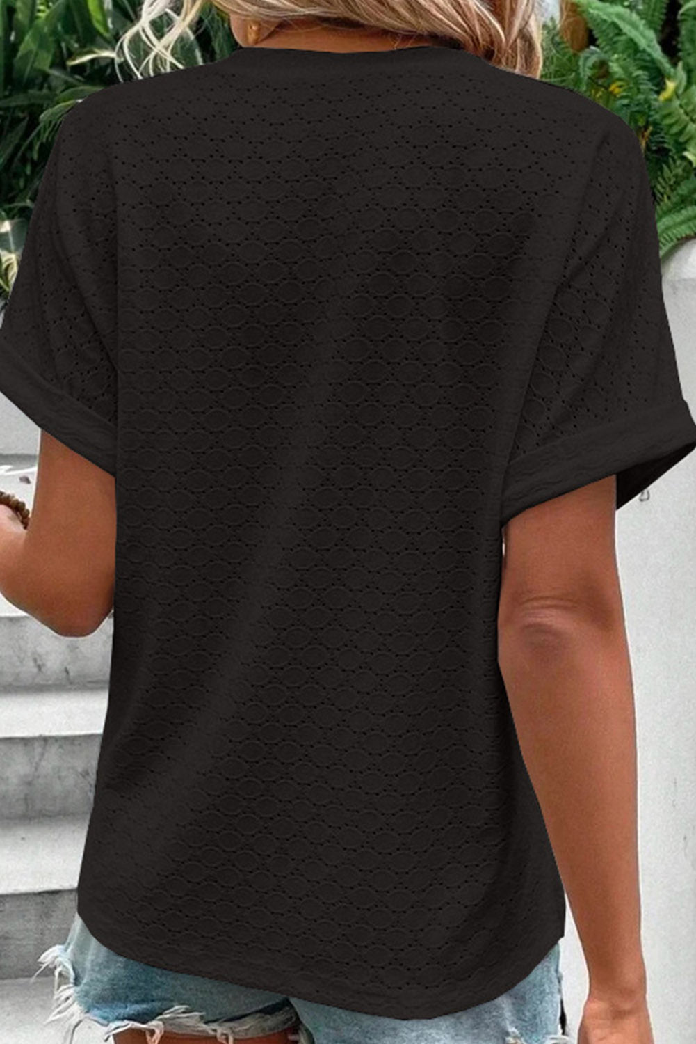 Button V Neck Eyelet Solid Color Blouse