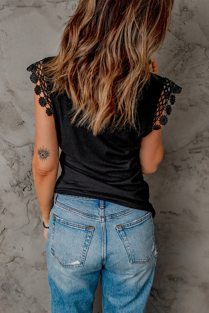 Crochet Cap Sleeve Ribbed V Neck Summer Top