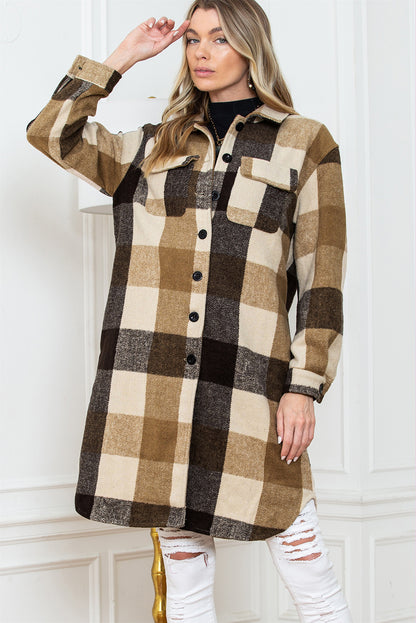 Khaki Plaid Colorblock Button Down Flap Pocket Long Shacket