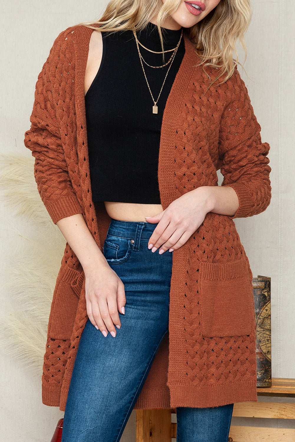 Brown Woven Texture Open Front Pockets Knit Cardigan