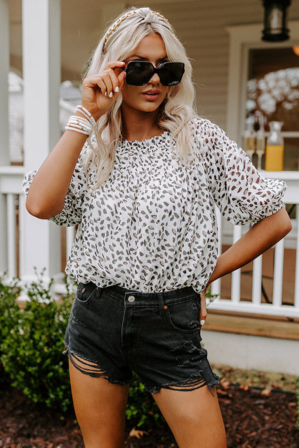 Khaki Leopard 3/4 Ruffle Sleeve Frill Neck Blouse