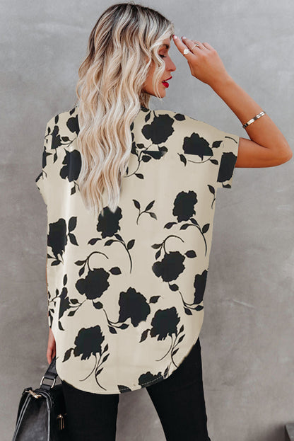 Floral Print Casual Roll Up Sleeve Blouse