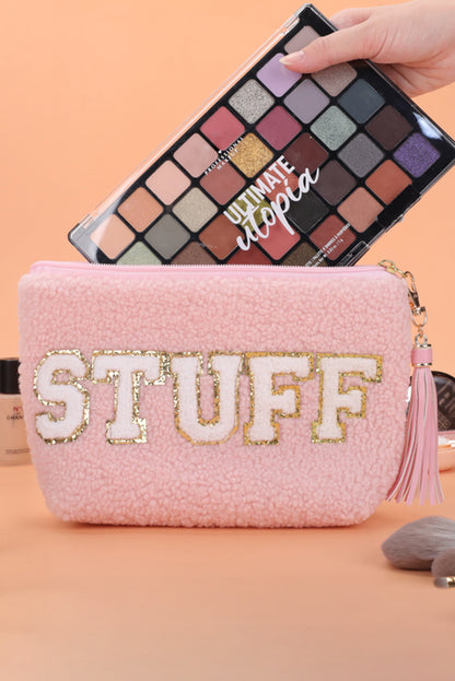White CALM Letter Pattern Tassel Zipper Makeup Bag