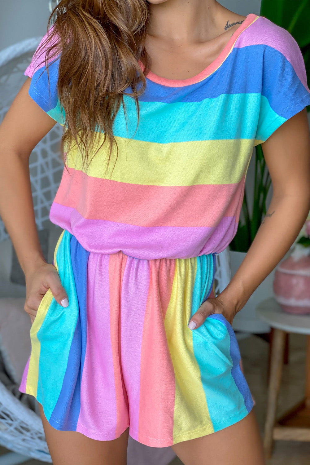 Multicolor Colorblock Striped Casual Tank Top