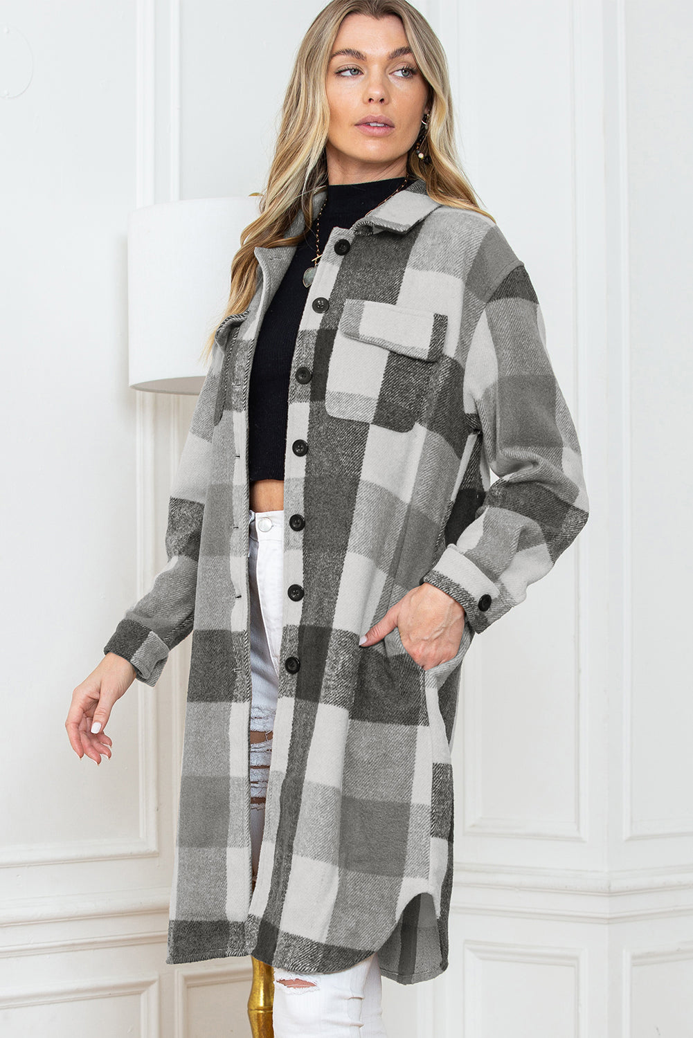 Khaki Plaid Colorblock Button Down Flap Pocket Long Shacket