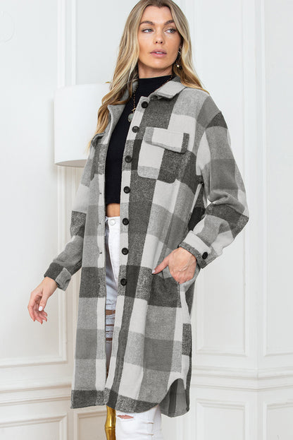 Khaki Plaid Colorblock Button Down Flap Pocket Long Shacket