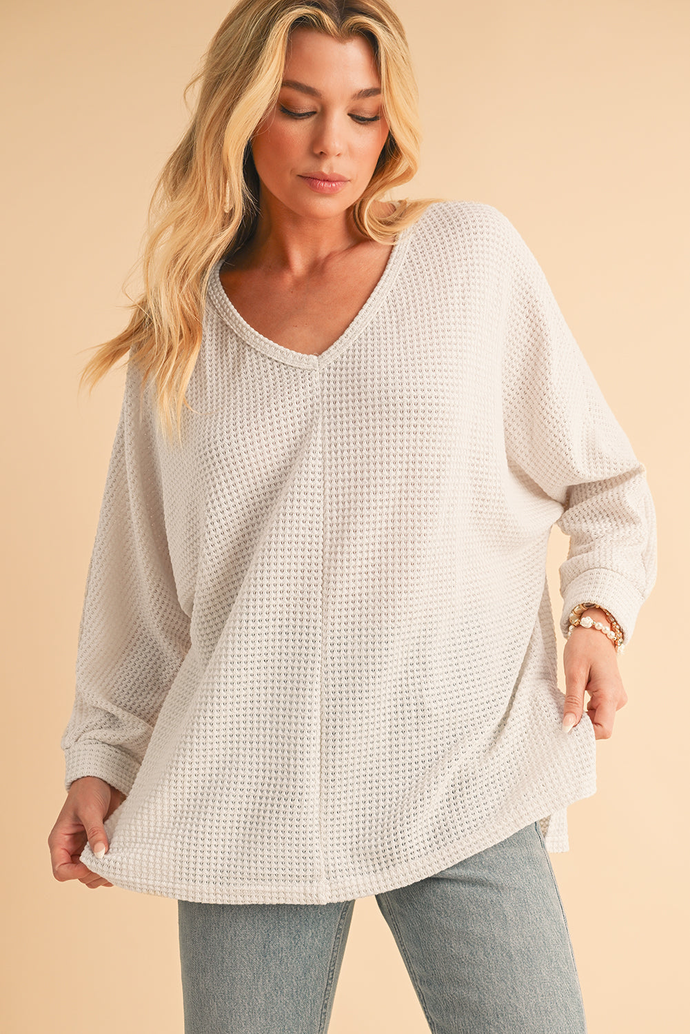 Waffle Knit Side Slits Loose Fit V Neck Top
