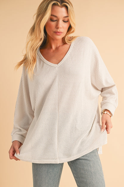 Waffle Knit Side Slits Loose Fit V Neck Top
