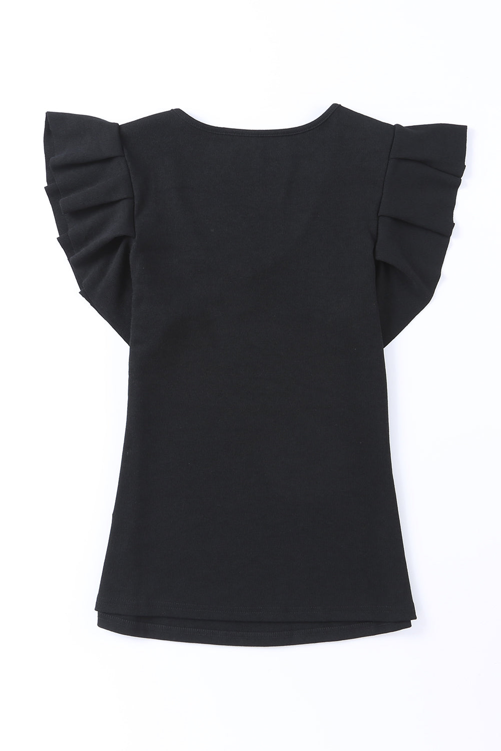 Black Rib Knitted Ruffle Shoulder U Neck Top