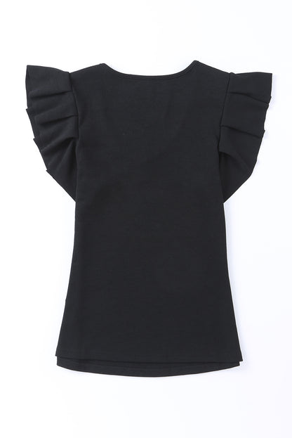 Black Rib Knitted Ruffle Shoulder U Neck Top