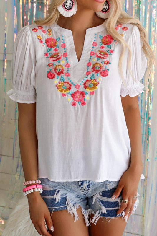 Floral Embroidered Boho Ruffle Puff Sleeve Blouse