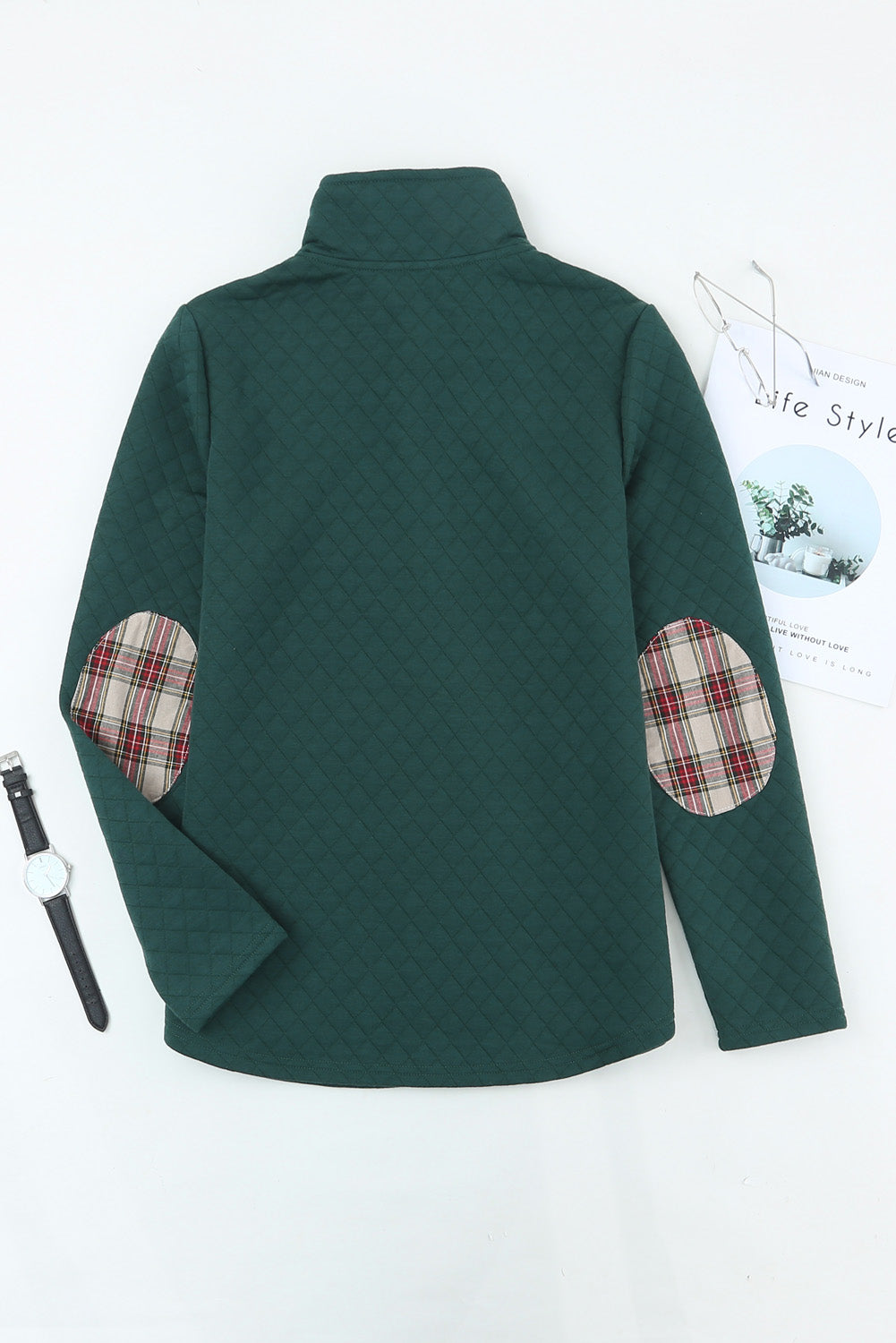 Plaid Geometric Texture Trim Buttons Neck Sweatshirt