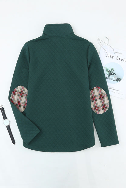 Plaid Geometric Texture Trim Buttons Neck Sweatshirt