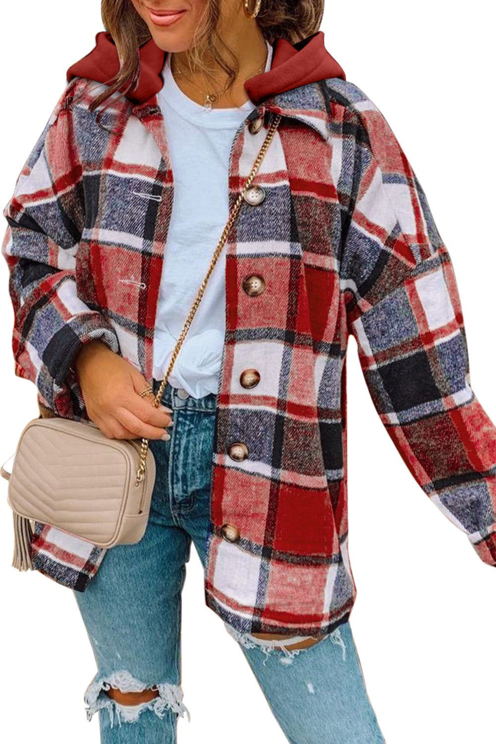 Plaid Button Front Drop Sleeve Hooded Shacket