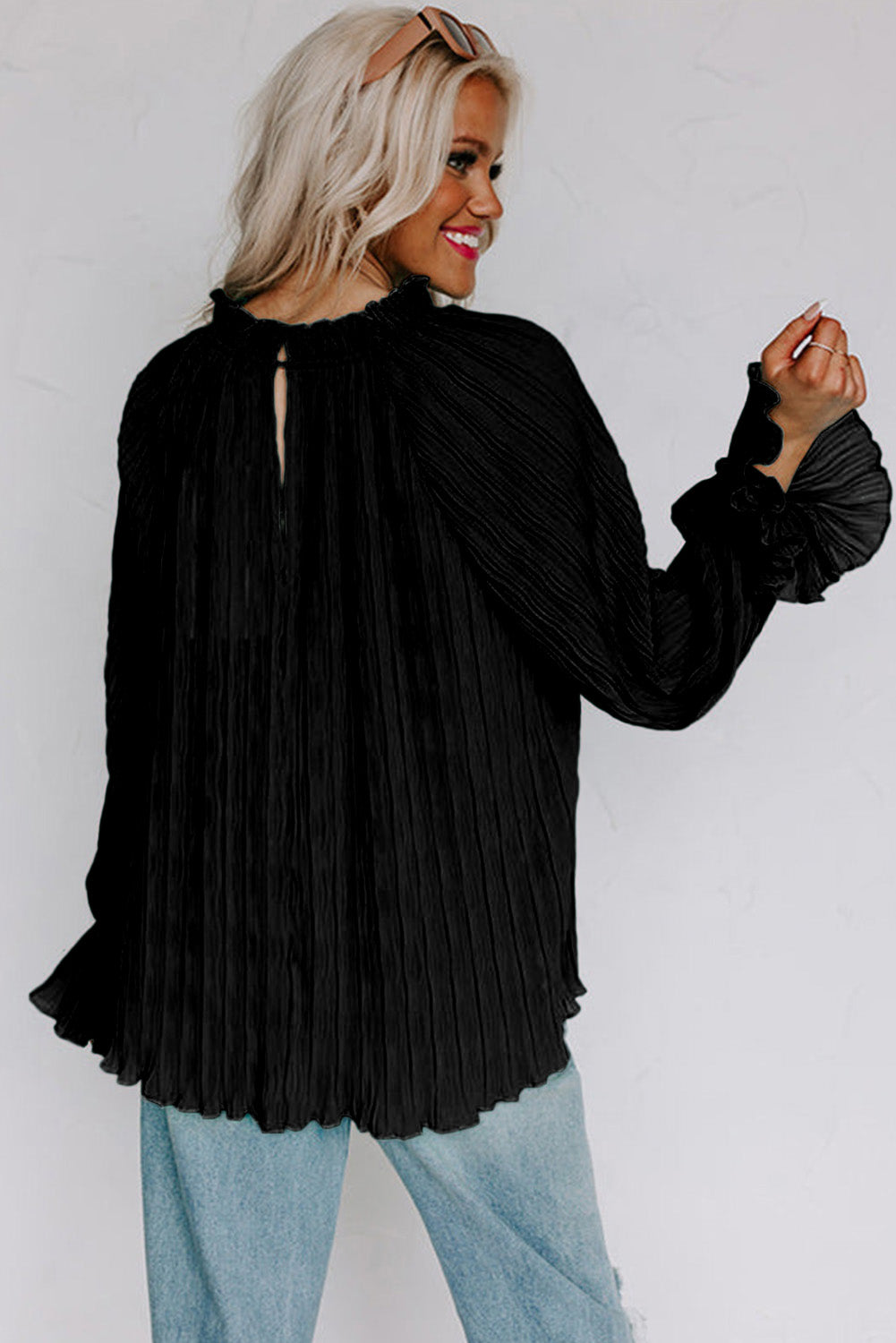 Black Crinkle Frilled Neck Pleated Long Sleeve Blouse