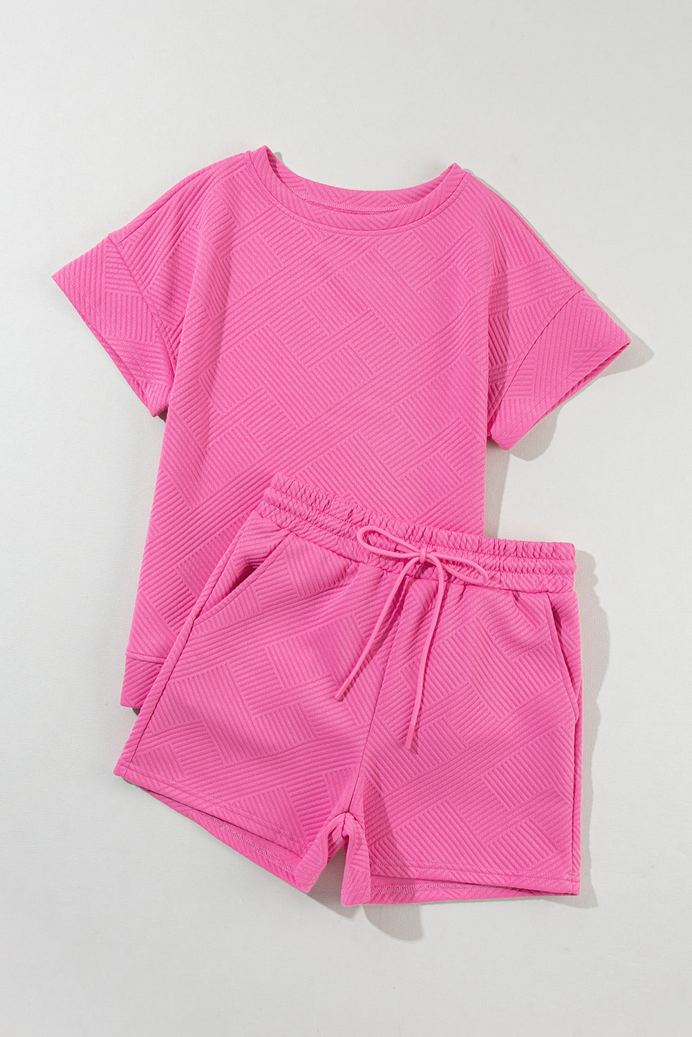 Apricot 2Pcs Solid Textured Drawstring Shorts Set