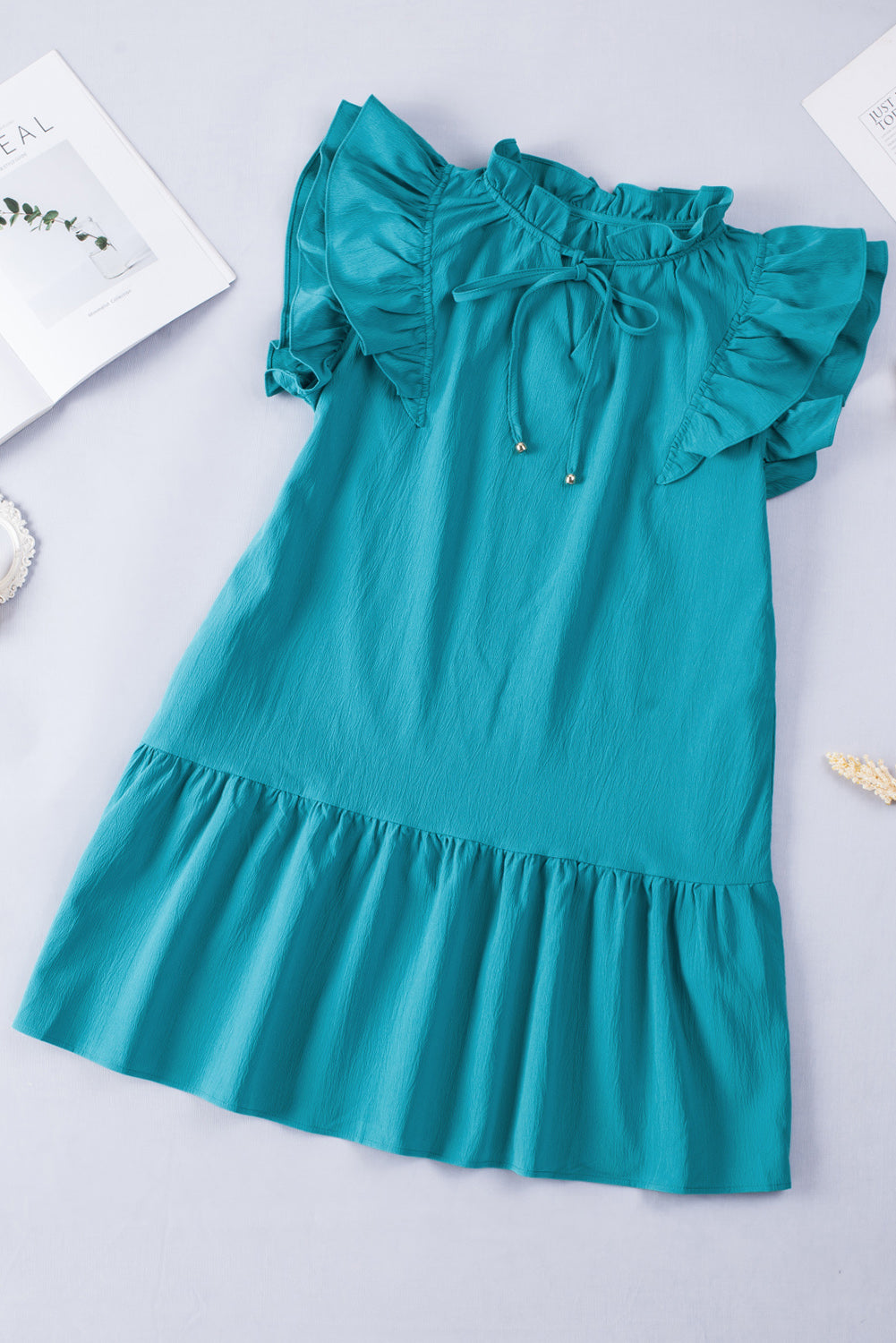 Tiered Ruffled Drawstring V Neck Short Dress With Pockets