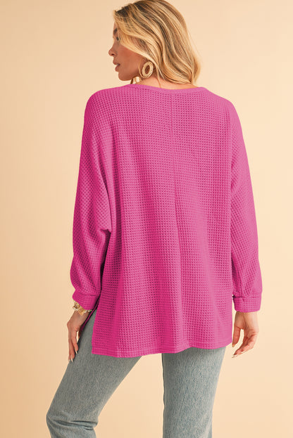 Waffle Knit Side Slits Loose Fit V Neck Top