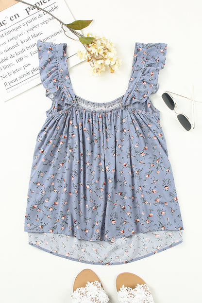 Floral Print Smocked Neck Flounce Sleeveless Shirt