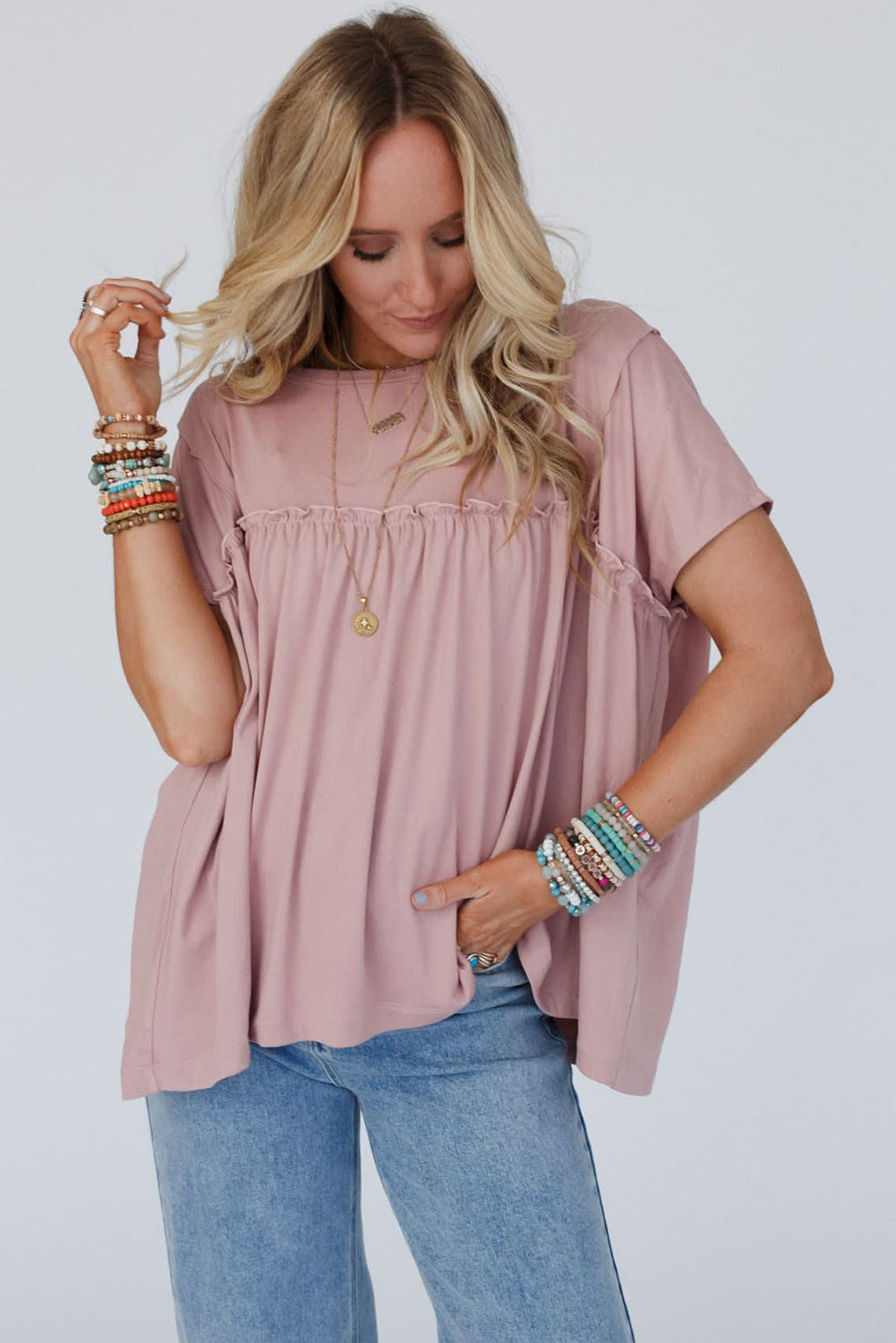White Solid Color Frilled Loose Babydoll Blouse