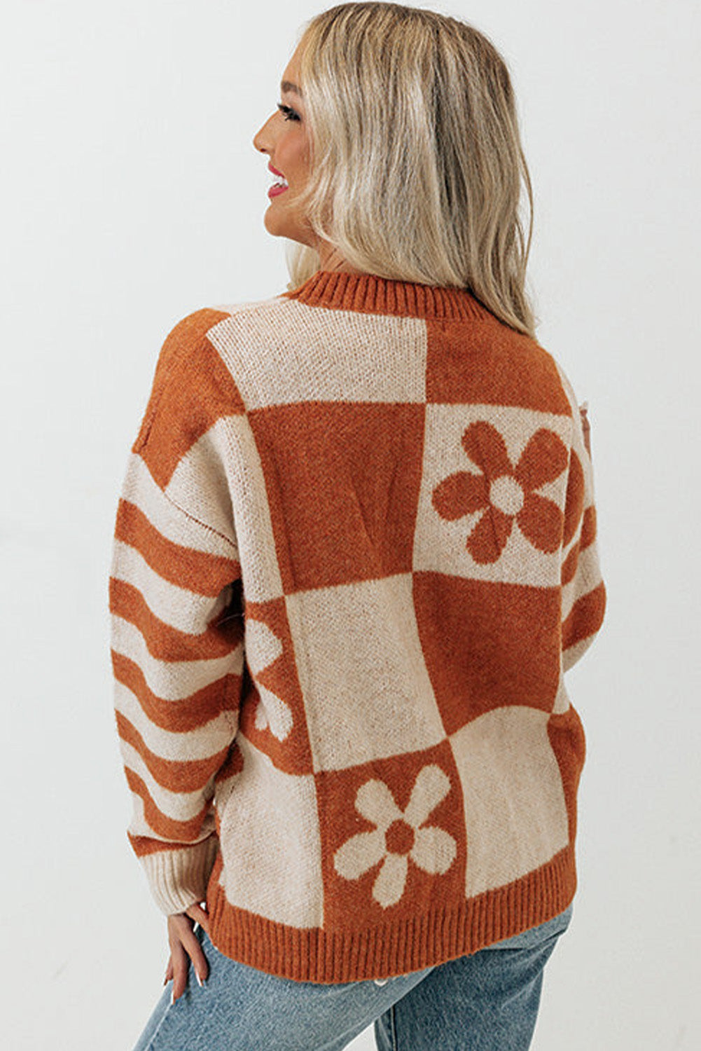 Orchid Petal Checkered and Striped Knitted Sweater