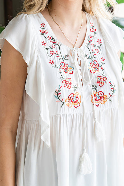 Floral Embroidered Boho Ruffle Puff Sleeve Blouse