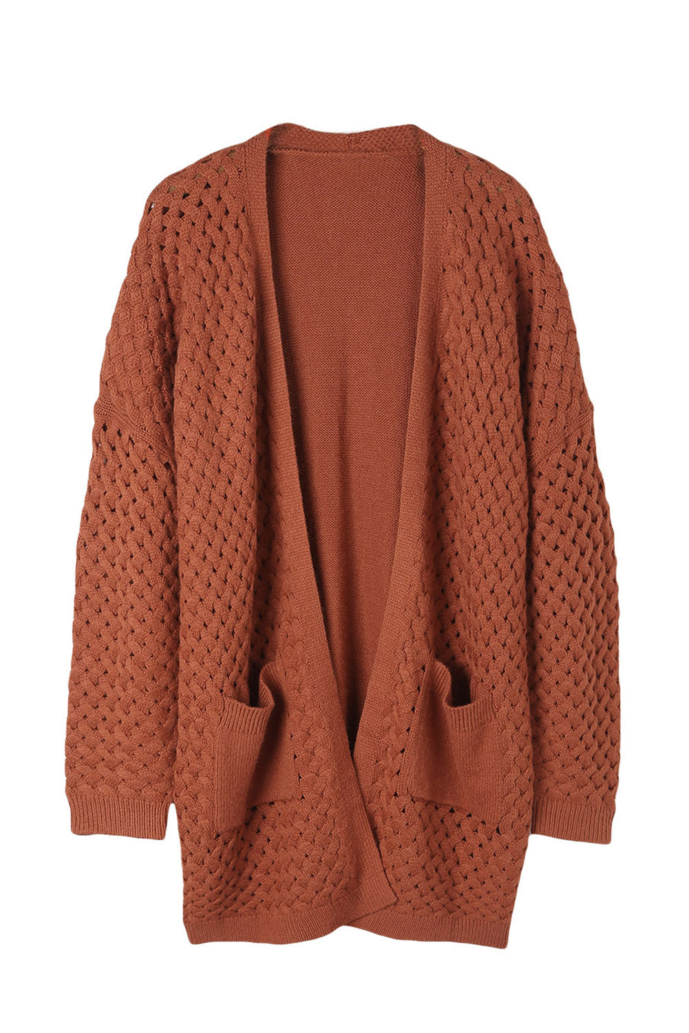 Brown Woven Texture Open Front Pockets Knit Cardigan