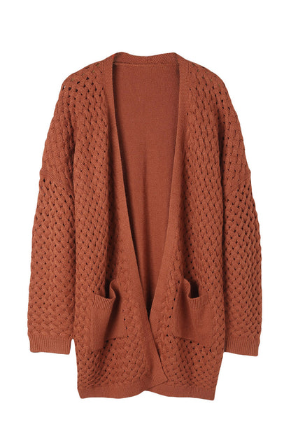 Brown Woven Texture Open Front Pockets Knit Cardigan