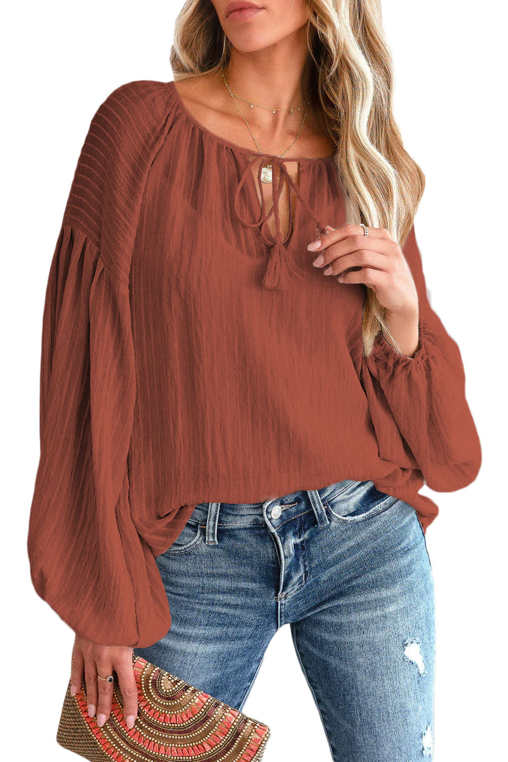 Brown Lantern Sleeve Tassel Drawstring Tie Blouse
