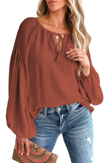 Brown Lantern Sleeve Tassel Drawstring Tie Blouse