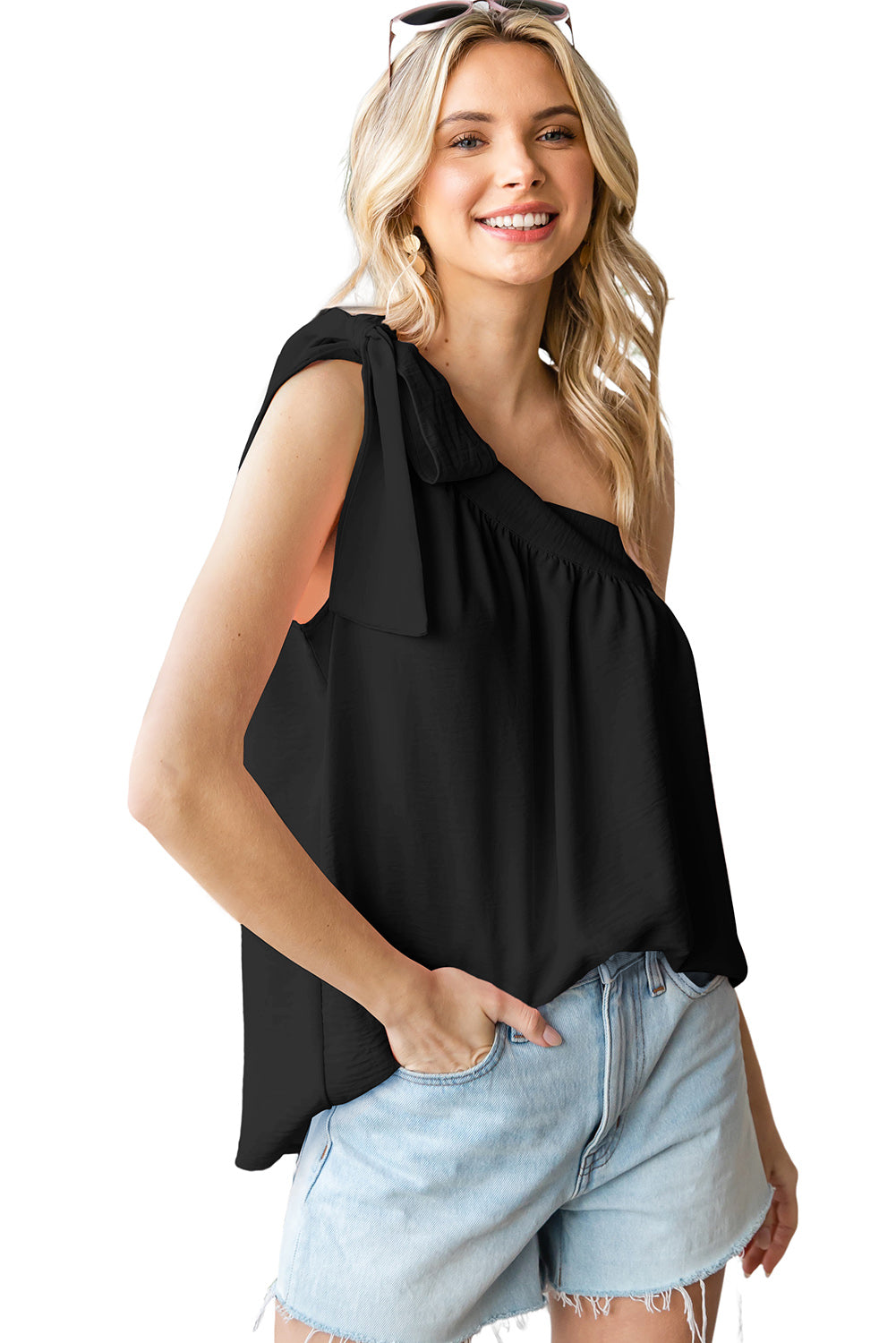 Casual Sleeveless One Shoulder Silk Top