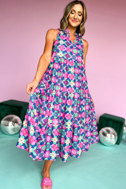 60s Flower Split Neck Sleeveless Tiered Maxi Dress