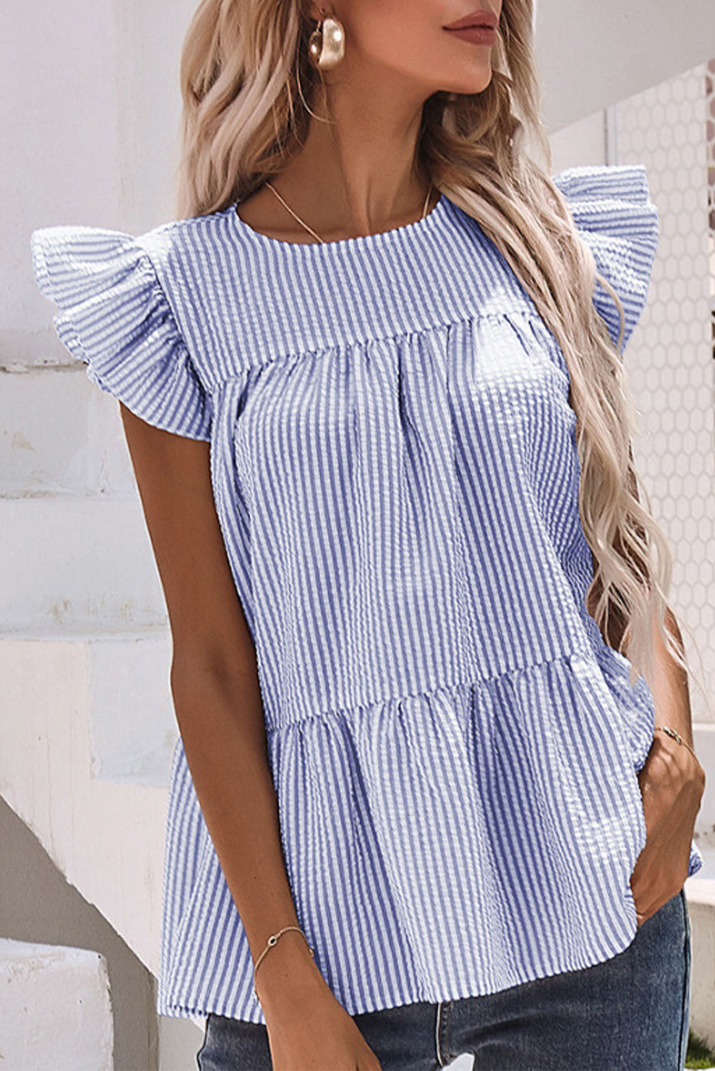 Striped Ruffle Tiered Sleeveless Shirt