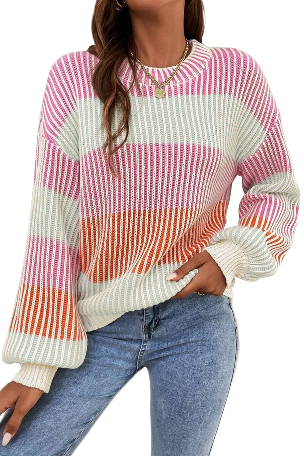 multi Colorblock Lantern Sleeve Rib Knitted Sweater