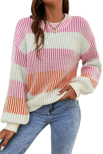 multi Colorblock Lantern Sleeve Rib Knitted Sweater