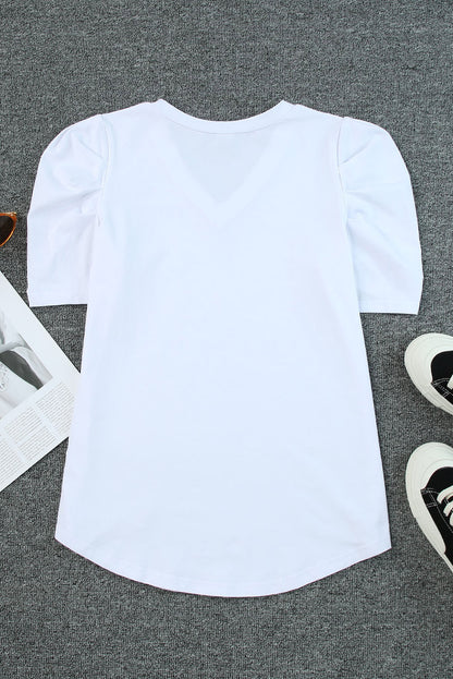 Puff Sleeve Casual V Neck T-Shirt
