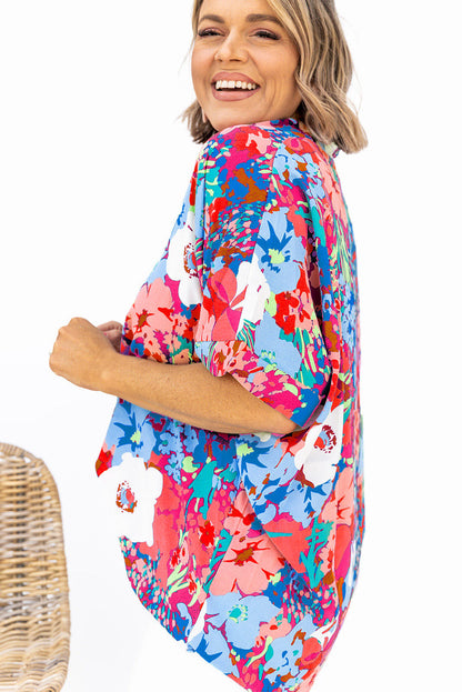 Multicolor V Neck Dolman Sleeve Plus Size Floral Blouse