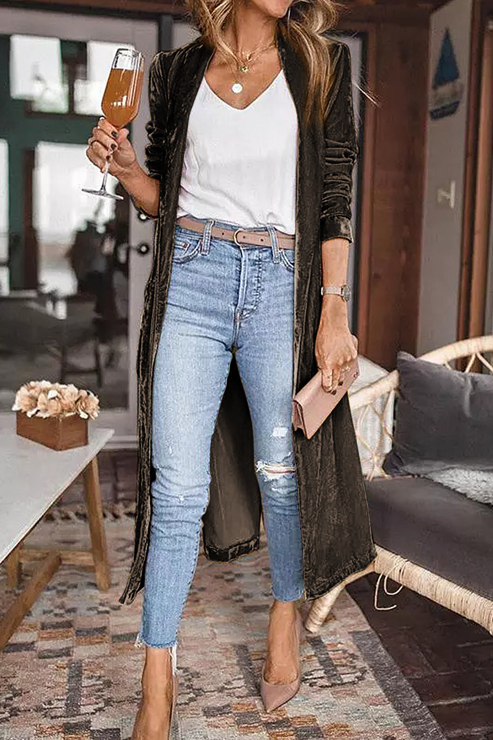 Pocketed Open Front Long Cardigan
