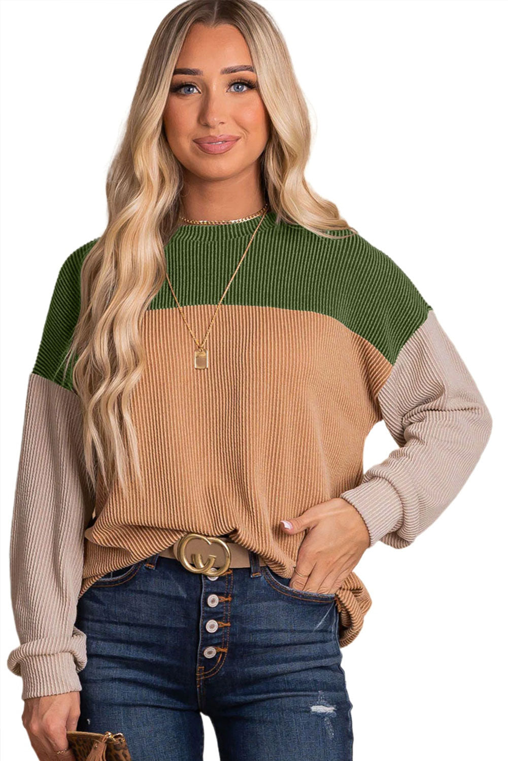 Dark Green Color Block Cording Loose Long Sleeve Top