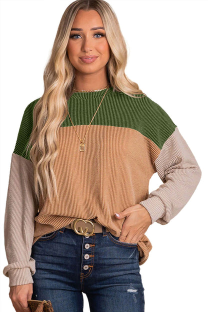 Dark Green Color Block Cording Loose Long Sleeve Top