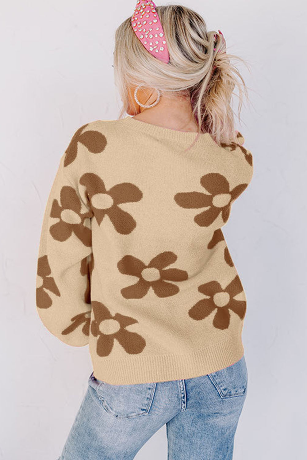 Floral Print Knitted Long Sleeve Pullover Sweater