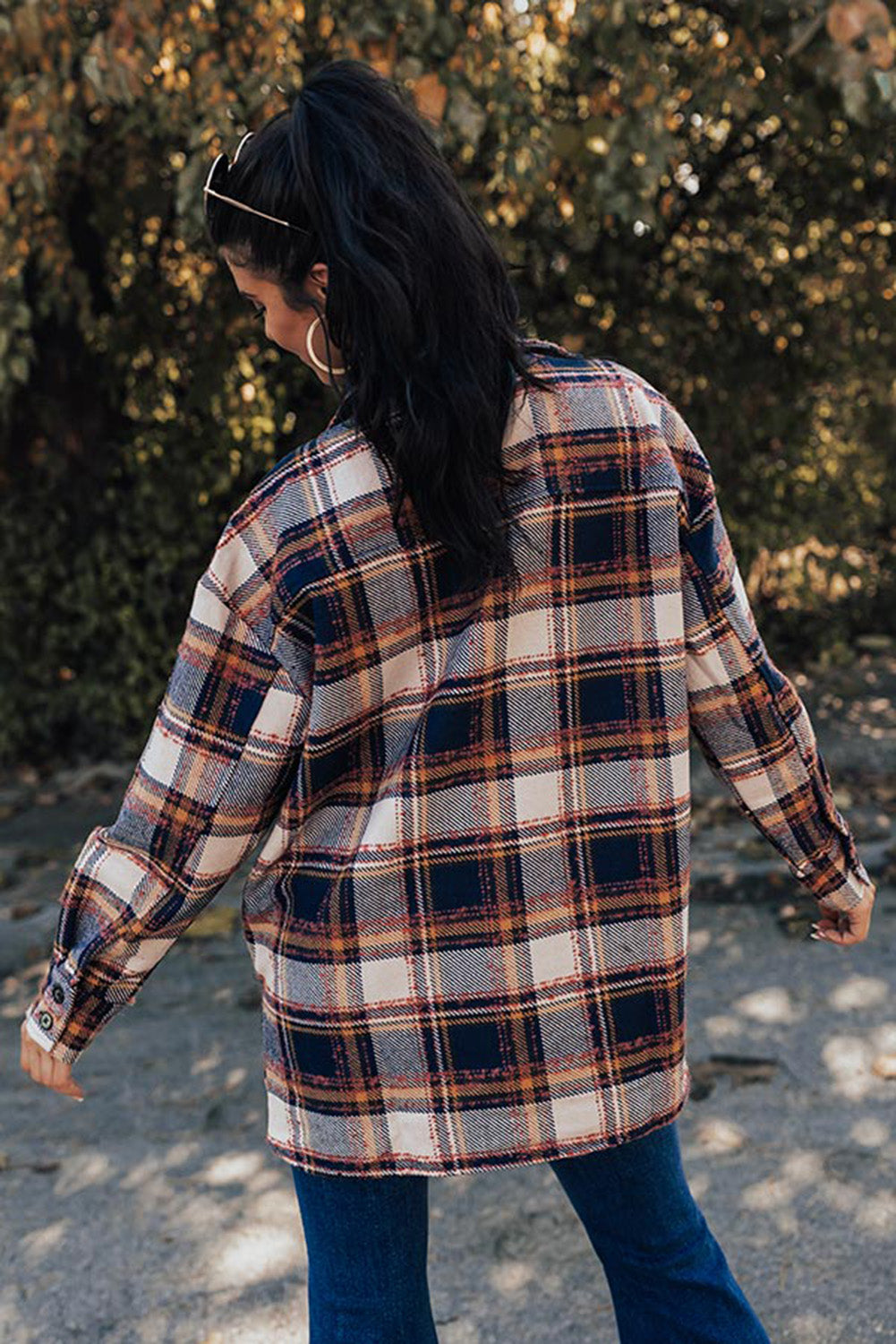Dark Blue Oversized Flap Pockets Plaid Shacket with Slits