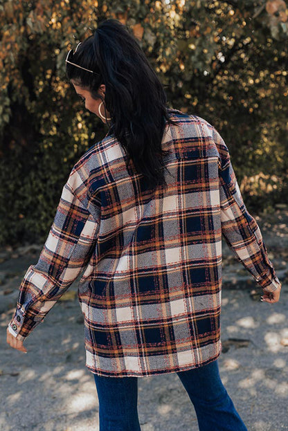 Dark Blue Oversized Flap Pockets Plaid Shacket with Slits