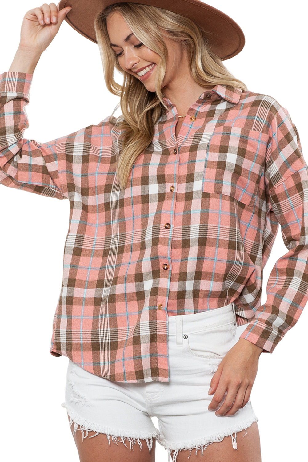 Orange Drop Shoulder Rounded Hem Plaid Pattern Shirt